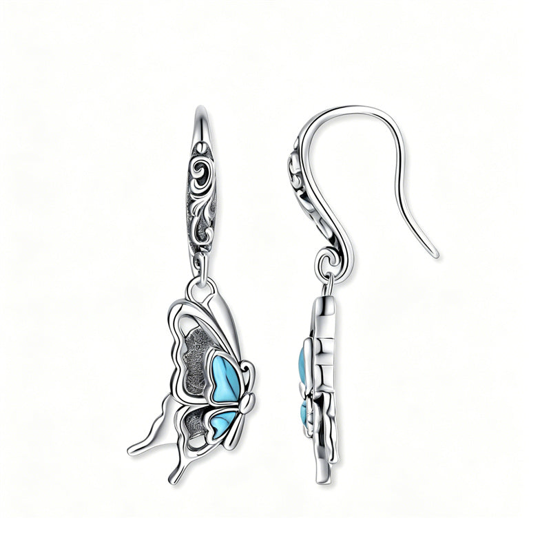Sterling Silver Vintage Moonstone Turquoise Lotus Tree of Life Hummingbird Butterfly Drop Earrings