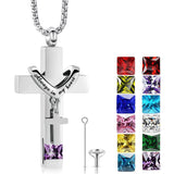 Stainless Steel Birthstones Urn Necklaces for Ashes Cross Cremation Pendant for Men Women Memorial Keepsake Jewelry