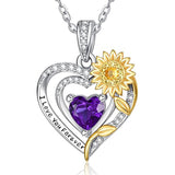 Sterling Silver Heart Birthstone Sunflower Pendant Necklace Engraved with I Love You Forever