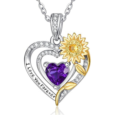 Sterling Silver Heart Birthstone Sunflower Pendant Necklace Engraved with I Love You Forever