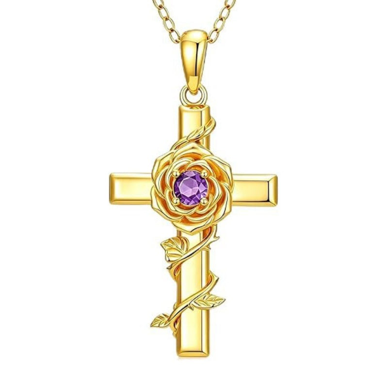 Birthstone Cross 14K Gold Plated Pendant Rose Cross Necklace for Women
