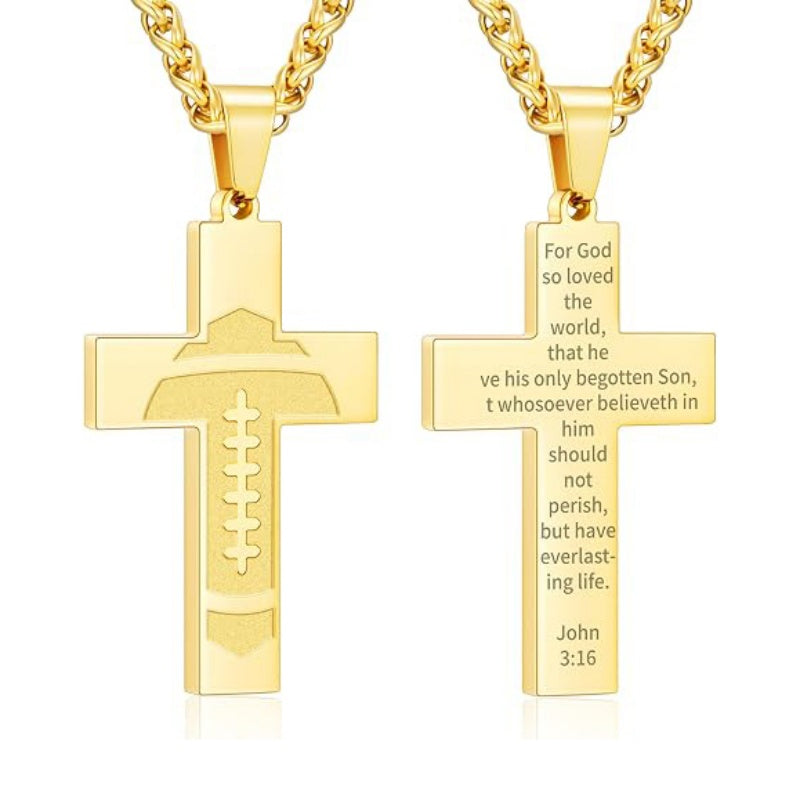 14K Gold Plated Bible Verse Football Cross Pendant Necklace