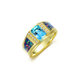 Sterling Silver Square Sapphire with Opal Gemstone Wedding Ring for Men