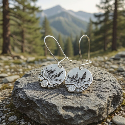 Sterling Silver Trail Mini Forest Pebble Wildflower Dangle Earrings