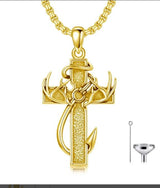 Sterling Silver Deer Antler Fish Hook & Cross Urn Necklace for Ashes