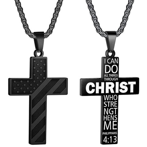 Stainless Steel Inspirational Bible Verse American Flag Pendant Necklace for Men