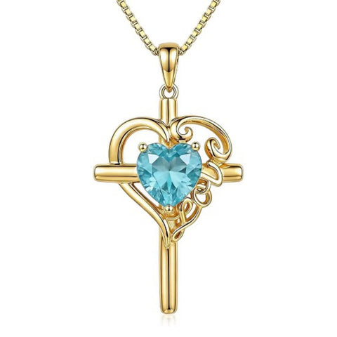 14K Gold  Plated Heart Shape Birthstone  Love Cross Necklace for Women Religious Jewelry