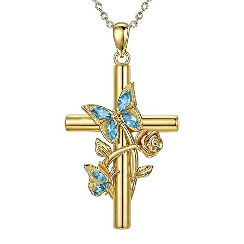 Birthston Butterfly Rose 14K Plated Gold Cross Pendant Necklace for Women