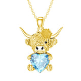 14K Gold Heart Birthstone Highland Cow Pendant Necklace
