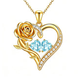14K Gold Plated Double Heart Birthstone Rose Pendant Necklace for Women