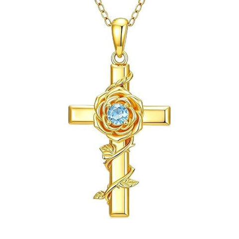 Birthstone Cross 14K Gold Plated Pendant Rose Cross Necklace for Women