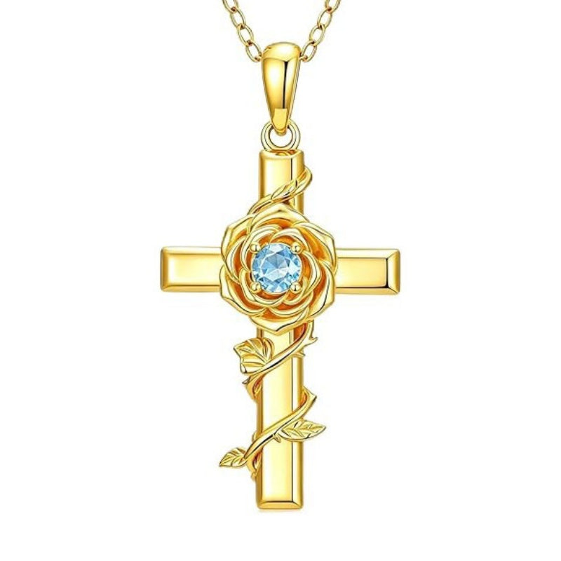 Birthstone Cross 14K Gold Plated Pendant Rose Cross Necklace for Women
