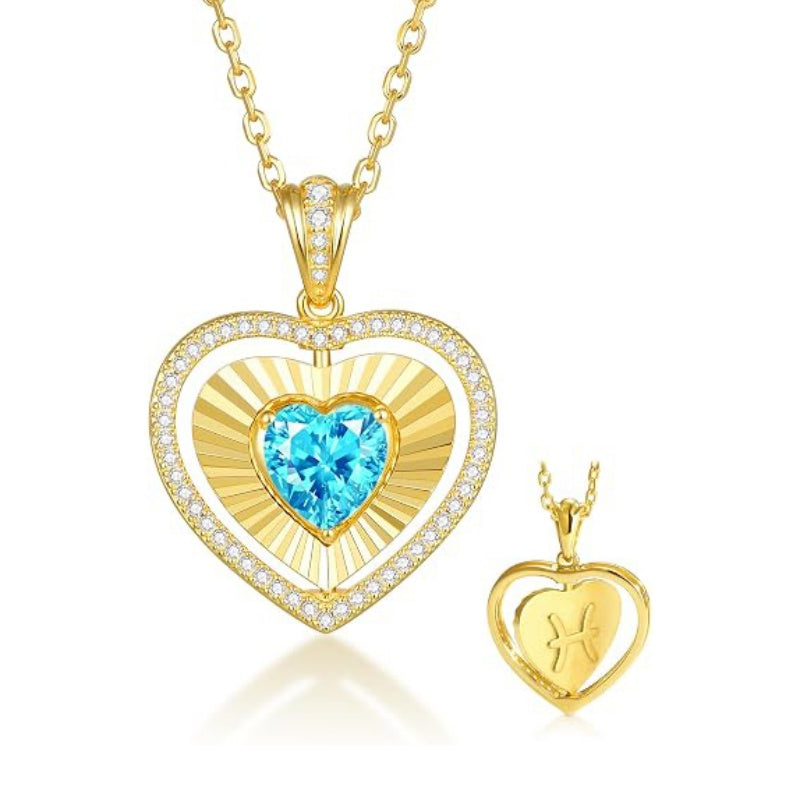 14K Gold  Plated Reversible Heart Birthstone Necklace with Zodiac Engraved Back Gifts for Women