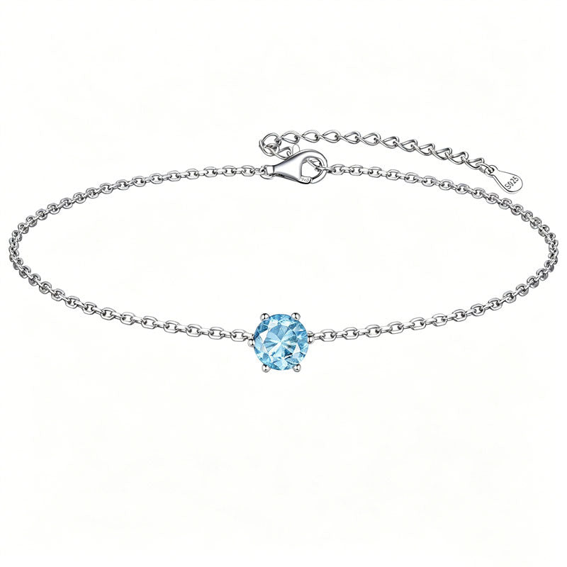 Sterling Silver Simple Dainty Round Heart Birthstone Single Layer Charm Anklet