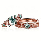 Sterling Silver 10K 14K 18K Gold Natural Leaf  Moss Agate Engagement Anniversary Couple Ring Sets