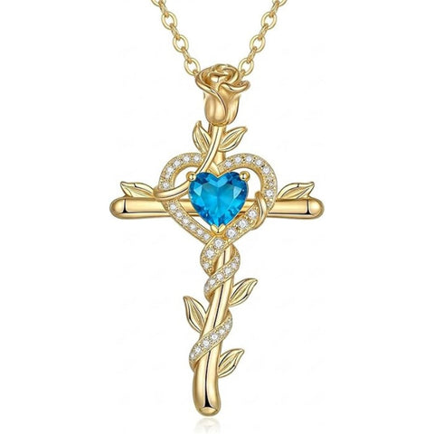 14K Gold Plated Heart Birthstone Rose Cross  Pendant Necklace  Religious Christian Jewelry for Women