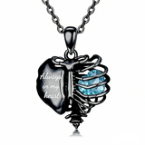 Sterling Silver Black Heart Skeleton Necklace With Engraved
