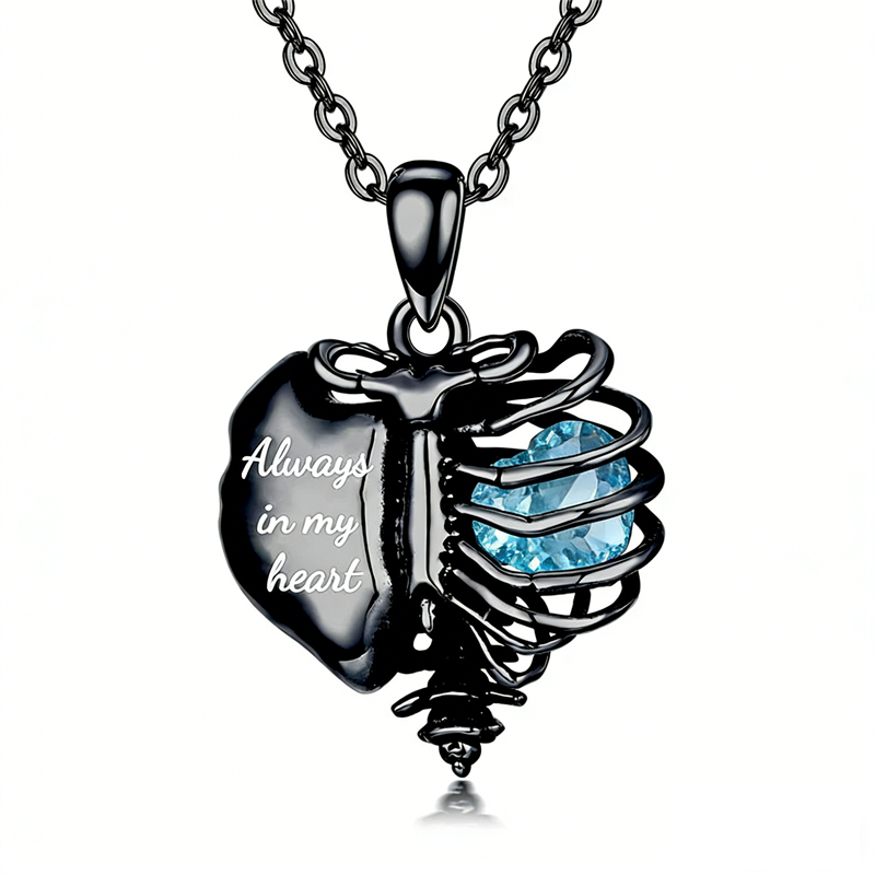Sterling Silver Black Heart Skeleton Necklace With Engraved