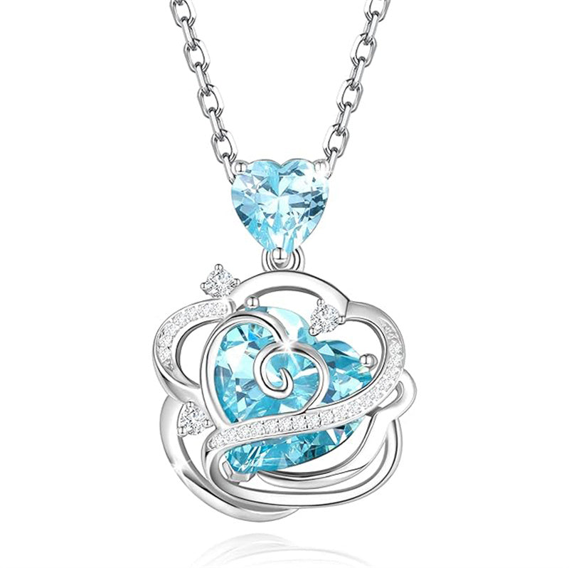 Sterling Silver Thornless Pulse Heart Birthstone  Rose Pendant Necklace