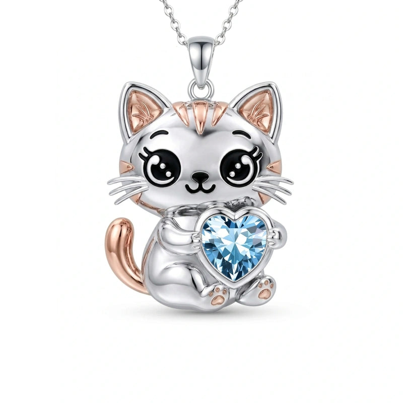 Sterling Silver 12 Month Birthstone Cat Pendant Necklace Birthstone Jewelry Gifts for Birthday