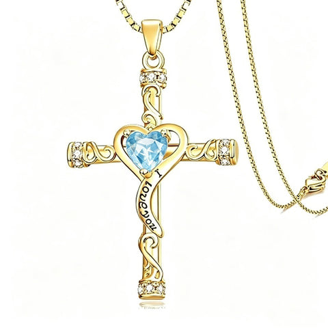 14K Gold Plated Heart Cut Cubic Zirconia Cross  Pendant Necklace For Women Religious Faith Jewelry