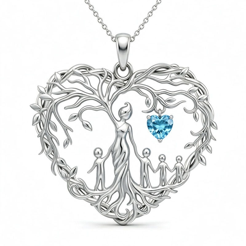 Sterling Silver Heart Pendant Birthstone Tree of Life Mother Child Family Necklace