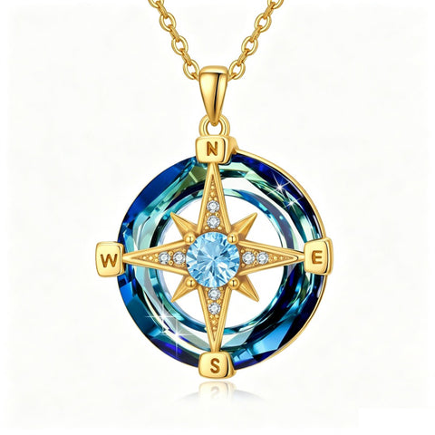 14K Gold Plated Crystal Compass Pendant Necklace Graduation Jewelry Inspirational Travel Valentine's Day Gift