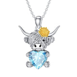 14K Gold Heart Birthstone Highland Cow Pendant Necklace