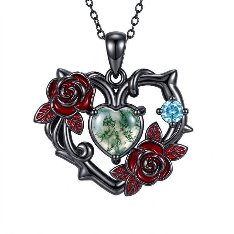 Sterling Silver Black Heart Skeleton Birthstone Necklace With Engraved Halloween Gift