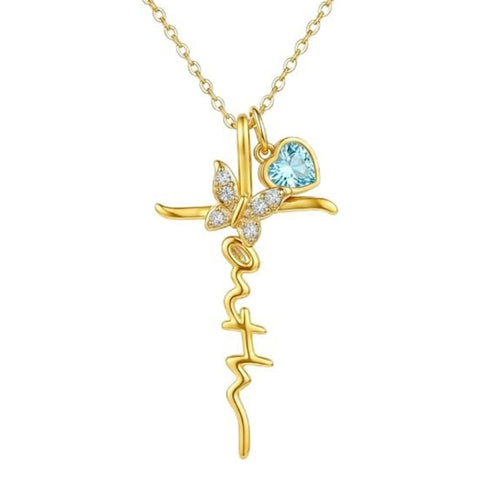 14K Gold Plated  Birthstone  Cross Butterfly Necklace for Women