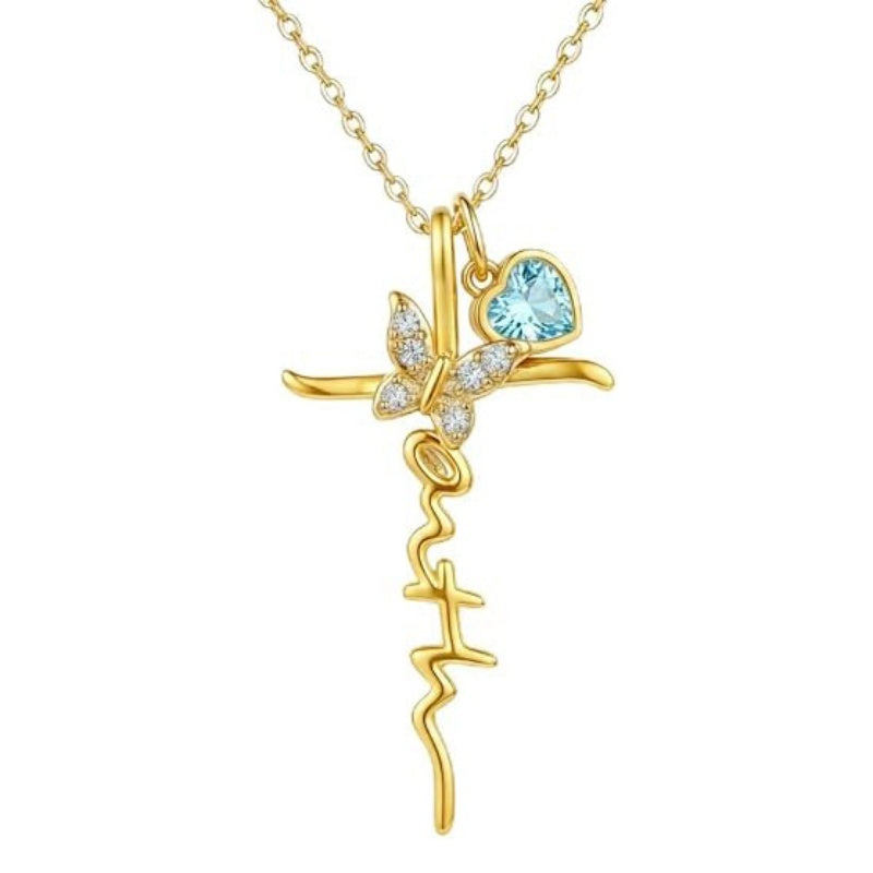 14K Gold Plated  Birthstone  Cross Butterfly Necklace for Women