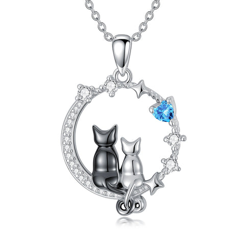 Sterling Silver Cubic Zirconia Two Cats Pendant Necklace
