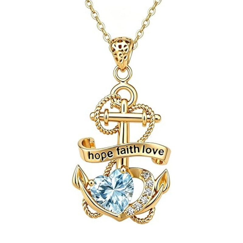 14K Gold Plated Heart Birthstone Anchor Necklace Engraved with Hope Faith Love