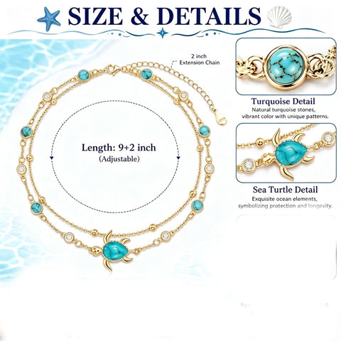 14K Gold Plated Turquoise Turtle Starfish Ocean Double Layered Anklet