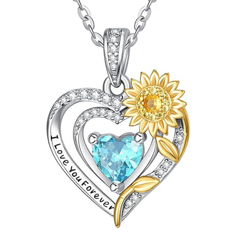 Sterling Silver Heart Birthstone Sunflower Pendant Necklace Engraved with I Love You Forever