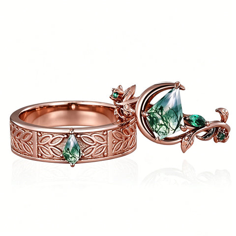 Sterling Silver 10K 14K 18K Gold Natural Leaf  Moss Agate Engagement Anniversary Couple Ring Sets