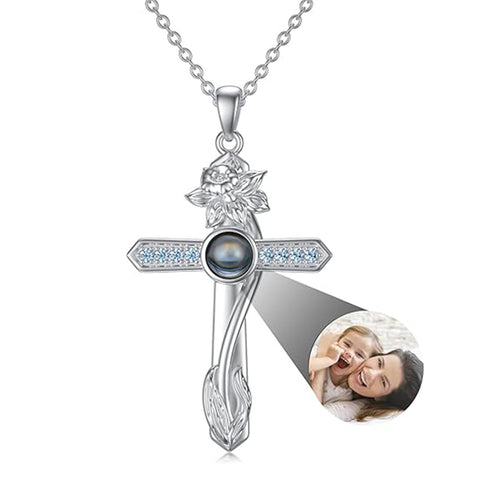 Sterling Silver Cross 100 Languages 12 Month Birthstone Birth Month Flower Pendant Necklace