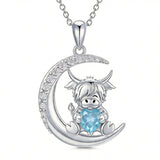 Sterling Silver Round Heart Birthstone Highland Cow Pendant Necklace Fluffy Cow Jewelry Gifts Birthday Christmas