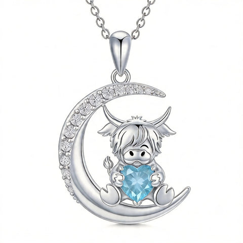 Sterling Silver Round Heart Birthstone Highland Cow Pendant Necklace Fluffy Cow Jewelry Gifts Birthday Christmas