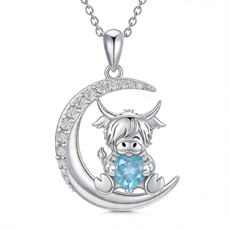 Sterling Silver Round Heart Birthstone Highland Cow Pendant Necklace Fluffy Cow Jewelry Gifts Birthday Christmas