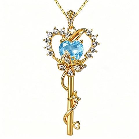 Birthstone Infinity Heart 14K Gold Plated Butterfly Key Pendant Necklace Gift for Her