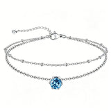 Sterling Silver  Round Birthstone Double Layer Charm Anklet