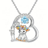 Sterling Silver Round Heart Birthstone Highland Cow Pendant Necklace Fluffy Cow Jewelry Gifts Birthday Christmas
