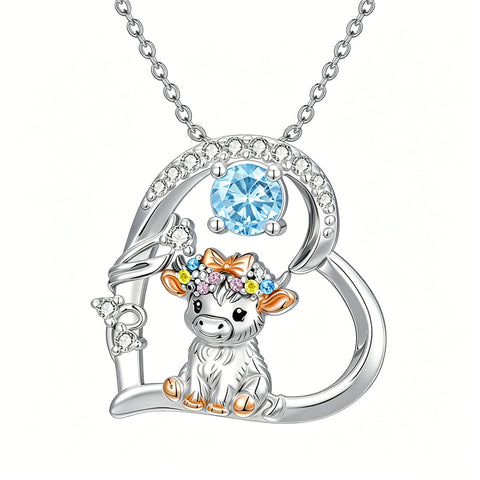 Sterling Silver Round Heart Birthstone Highland Cow Pendant Necklace Fluffy Cow Jewelry Gifts Birthday Christmas