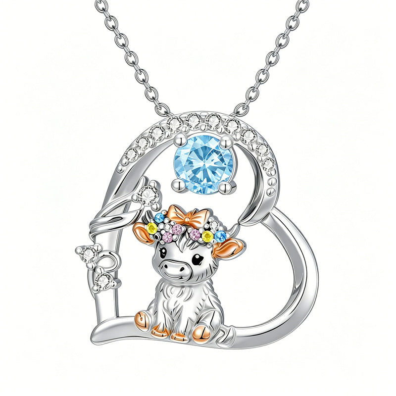 Sterling Silver Round Heart Birthstone Highland Cow Pendant Necklace Fluffy Cow Jewelry Gifts Birthday Christmas