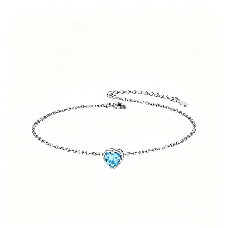 Sterling Silver Simple Dainty Round Heart Birthstone Single Layer Charm Anklet