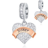 Family Theme Charm 925 Sterling Silver Mother Father Clear Pave Heart Pendant Beads Fit European Women Bracelet