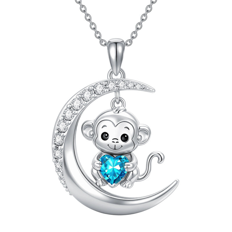 Sterling Silver Birthstone Monkey Pendant Necklace Jewelry Gifts for Women