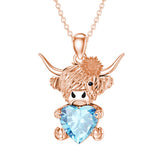 14K Gold Heart Birthstone Highland Cow Pendant Necklace