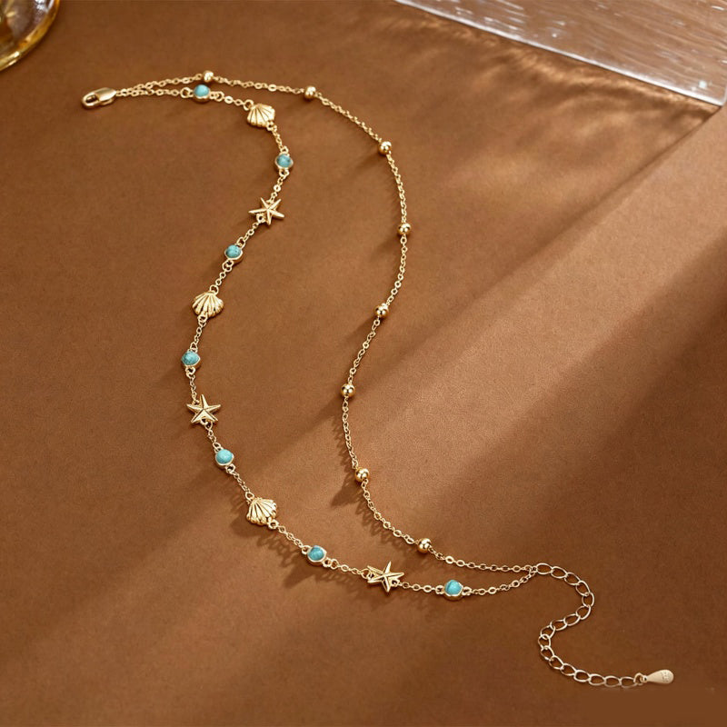 14K Gold Plated Turquoise Turtle Starfish Ocean Double Layered Anklet